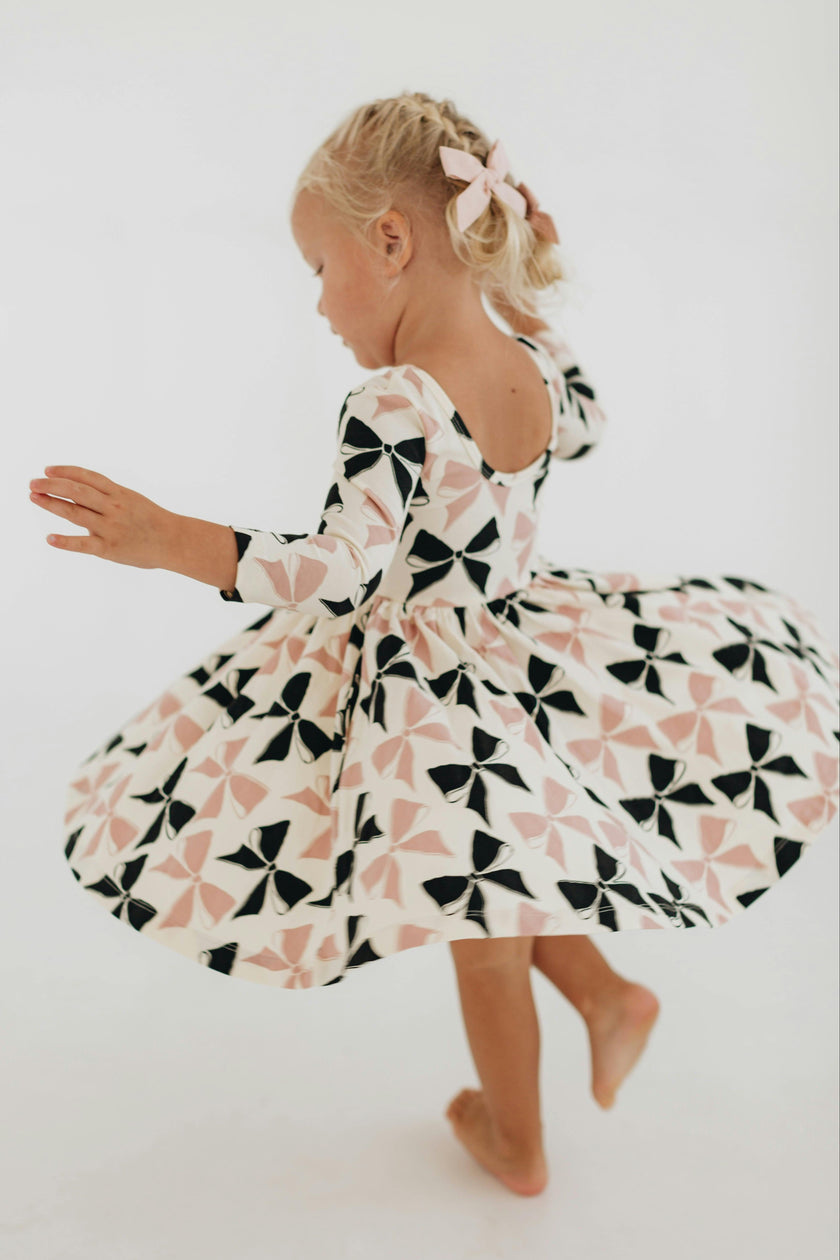 3/4 Sleeve Twirl Dress in Vintage Pink and Black Bows