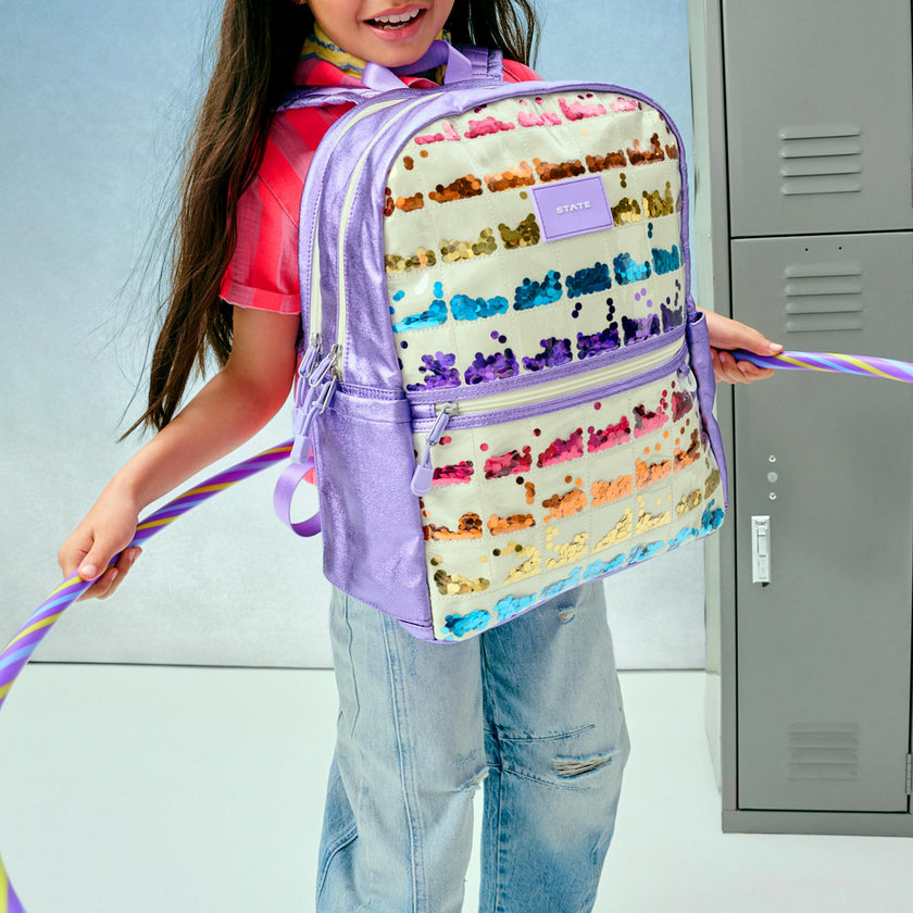 Kane Double Pocket Backpack, Metallic Lilac Quilted Sequins