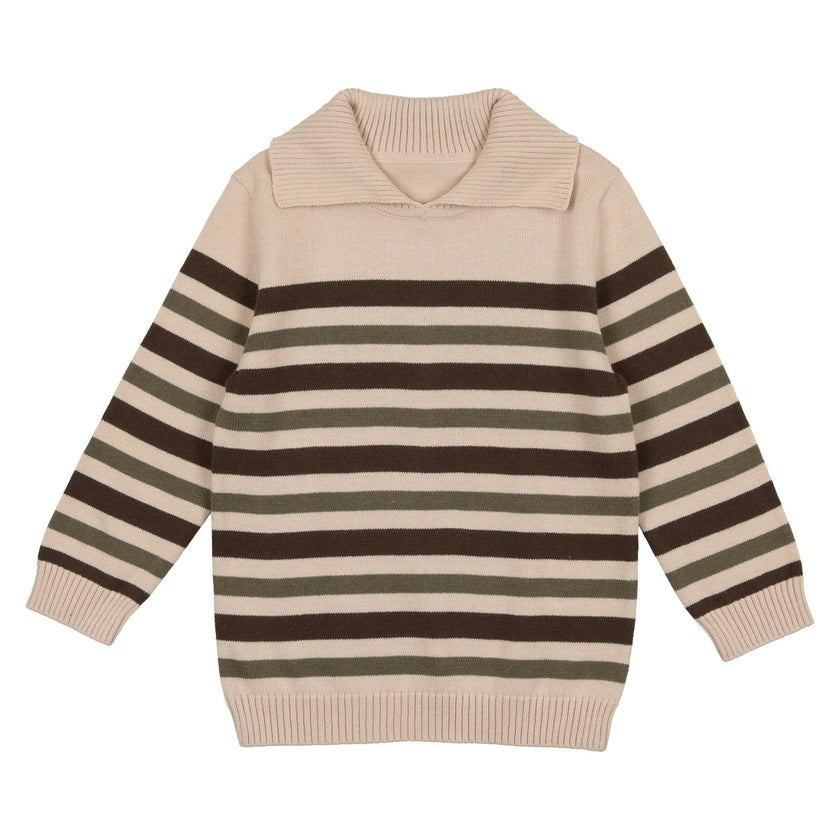Striped Ribbed Collar Rounded V-Neck Relaxed Fit Sweater