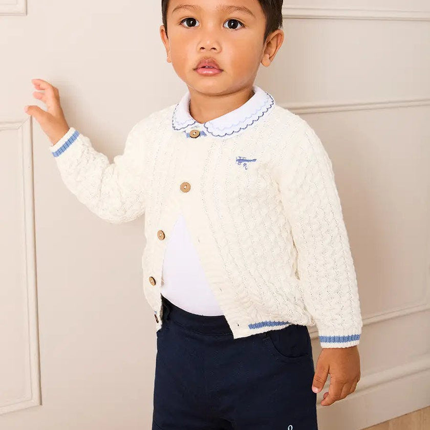 Plane Embroidered Cable Knit Cardigan in Cream (12mths-6yrs)