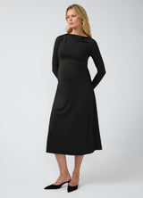 Ruched Long Sleeve Mock Neck Maternity Midi Dress