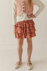 Girls Tiered Mini Skirt in Daisy Cluster in Brick Dust
