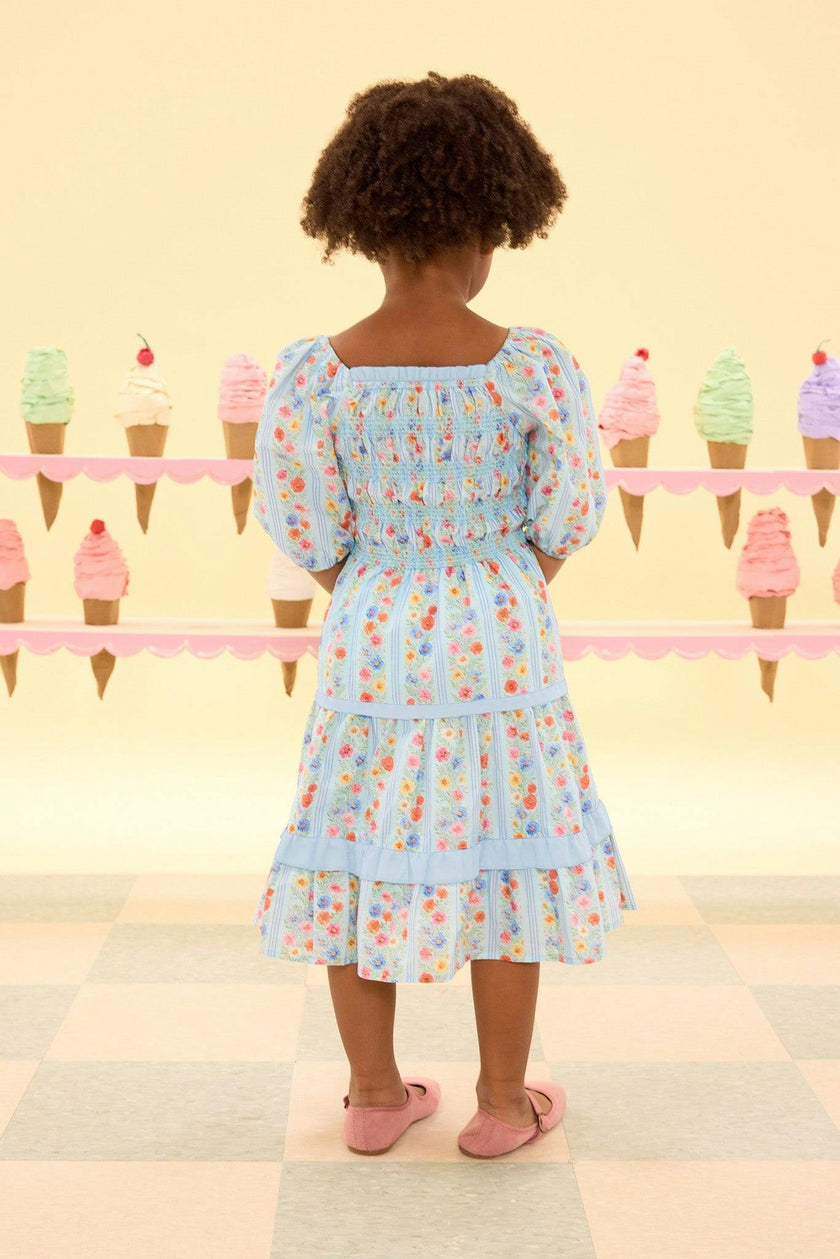 Mini Roselyn Dress in Blue Linear Floral Print