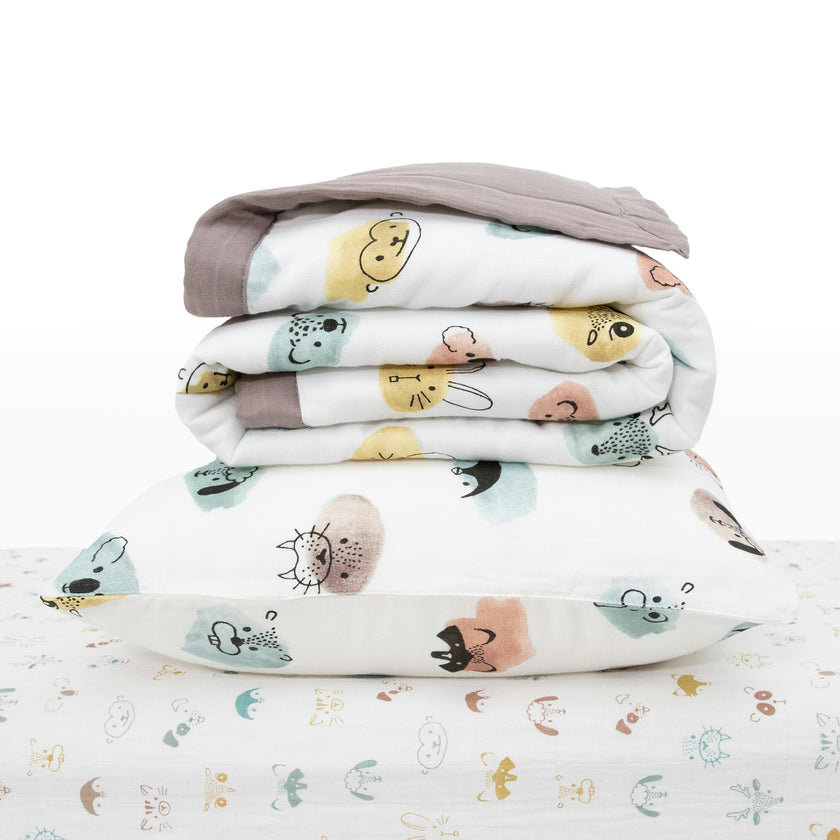 Cotton Muslin Toddler Bedding 3 Piece Set - Watercolor Critters