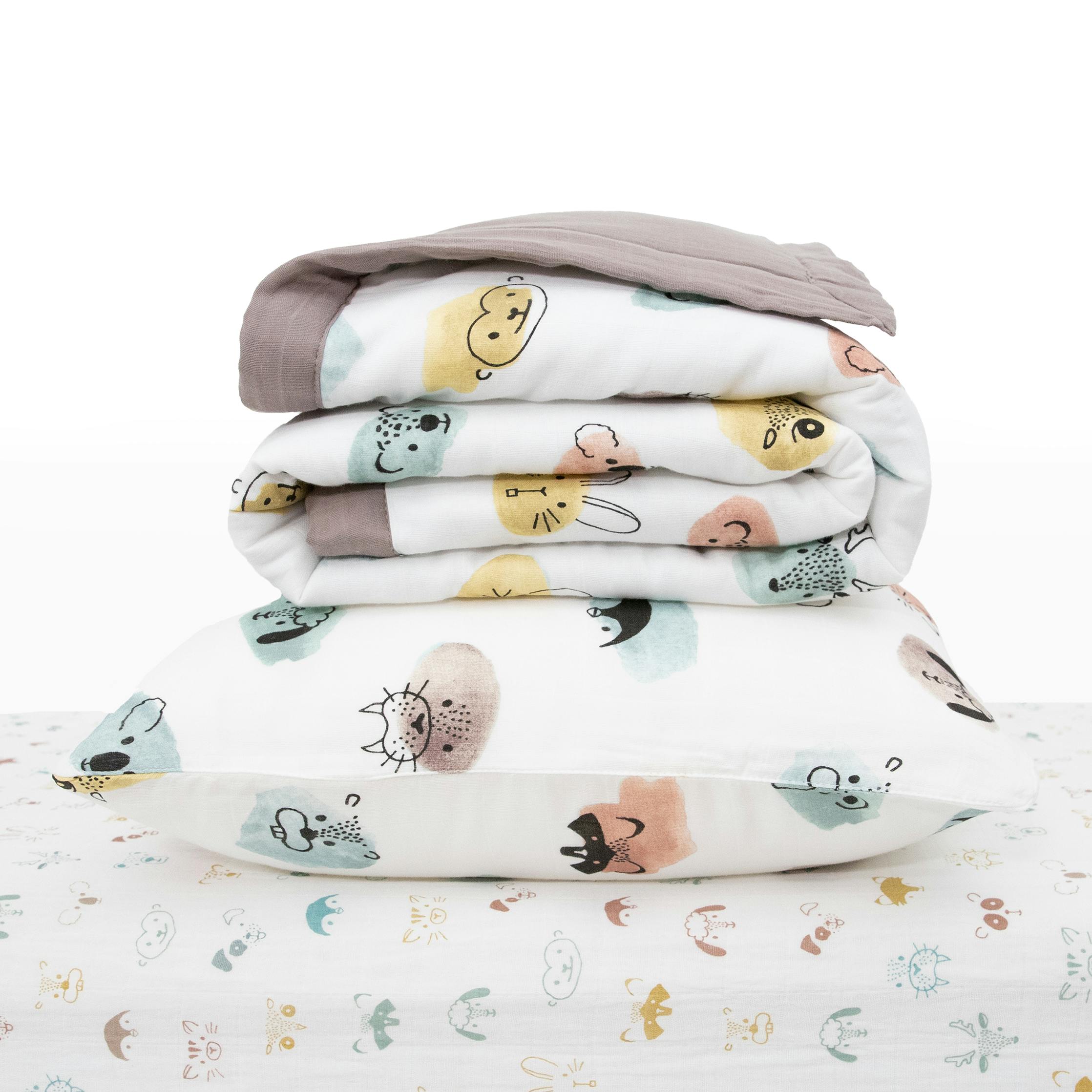 Cotton Muslin Toddler Bedding 3 Piece Set - Watercolor Critters