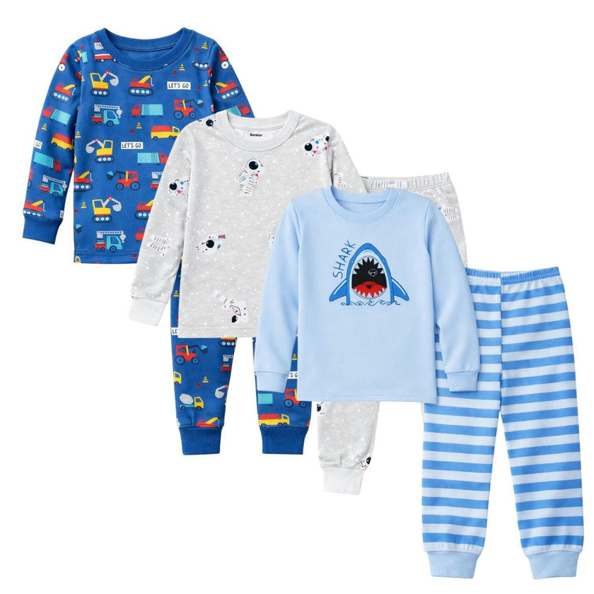 Kids and Toddlers 3 Pack Sharks/Cars/Astronauts Long Sleeve Snug Fitted Pajamas