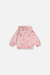 Baby Hooded Full Zip Faux Fur Jacket Pink Printed With Hearts