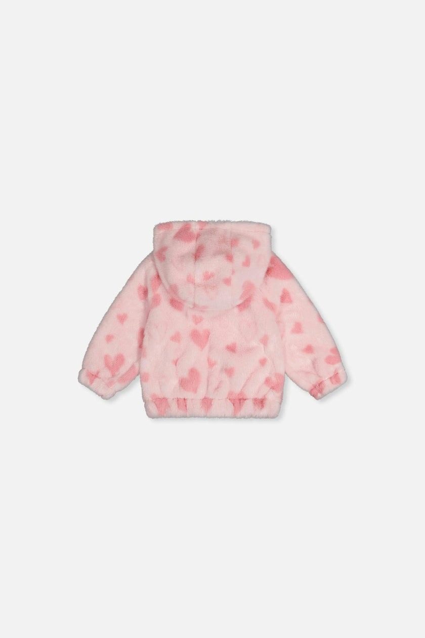 Baby Hooded Full Zip Faux Fur Jacket Pink Printed With Hearts