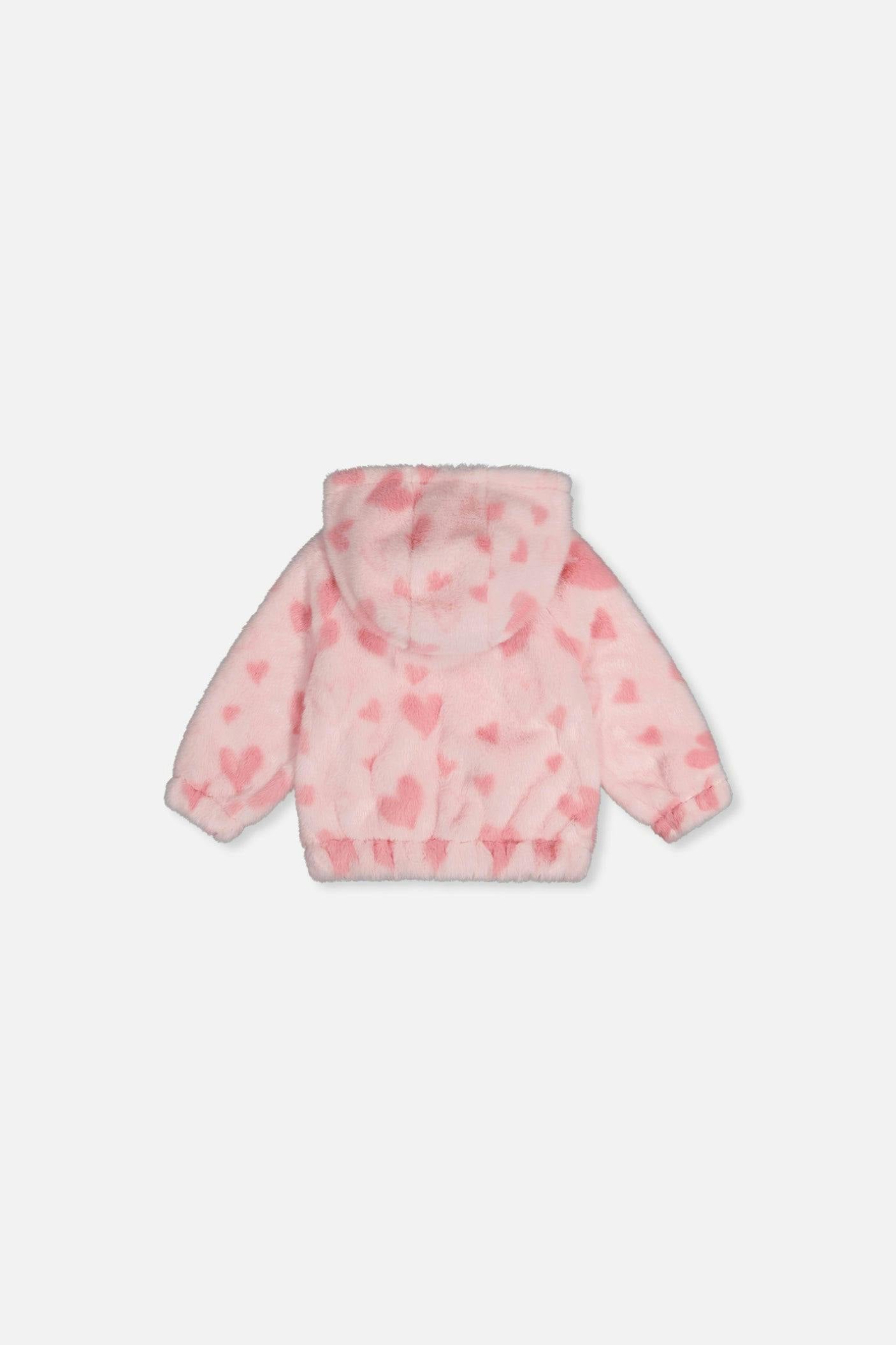 Baby Hooded Full Zip Faux Fur Jacket Pink Printed With Hearts