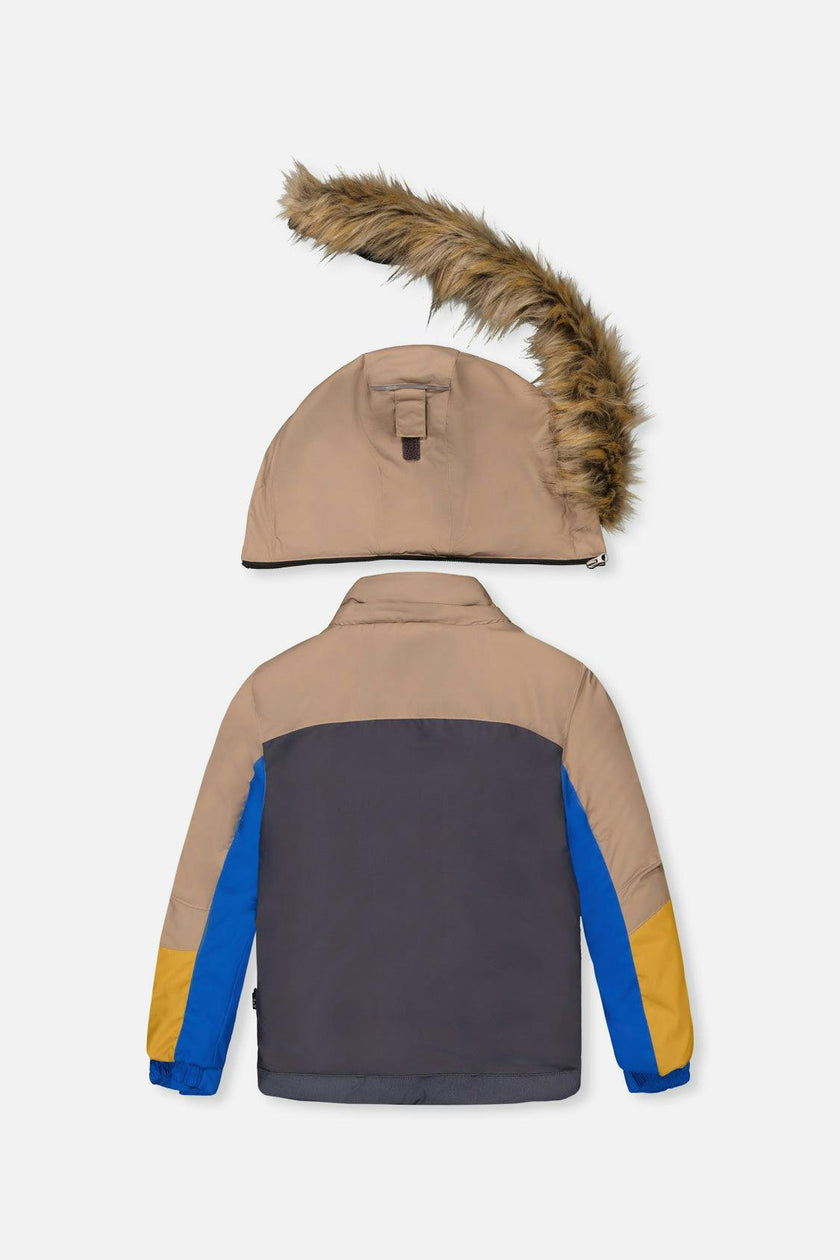 Two Piece Play Snowsuit Colorblock with Grey and Blue Dinosaur Print Pants
