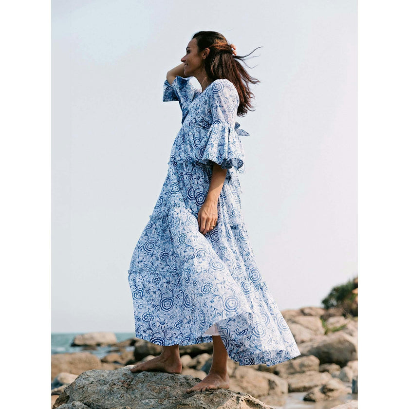 Block Printed Women's Dress - Blue Floral