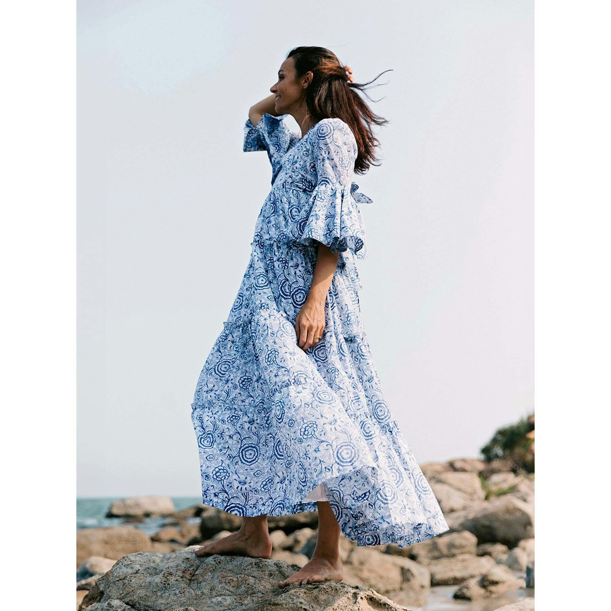 Block Printed Women's Dress - Blue Floral