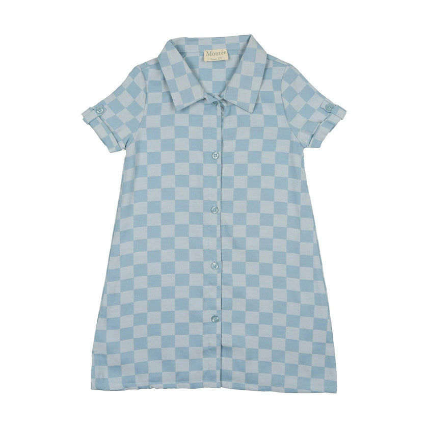 Denim Check Rolled Cuff Short Sleeve Shirt Dress