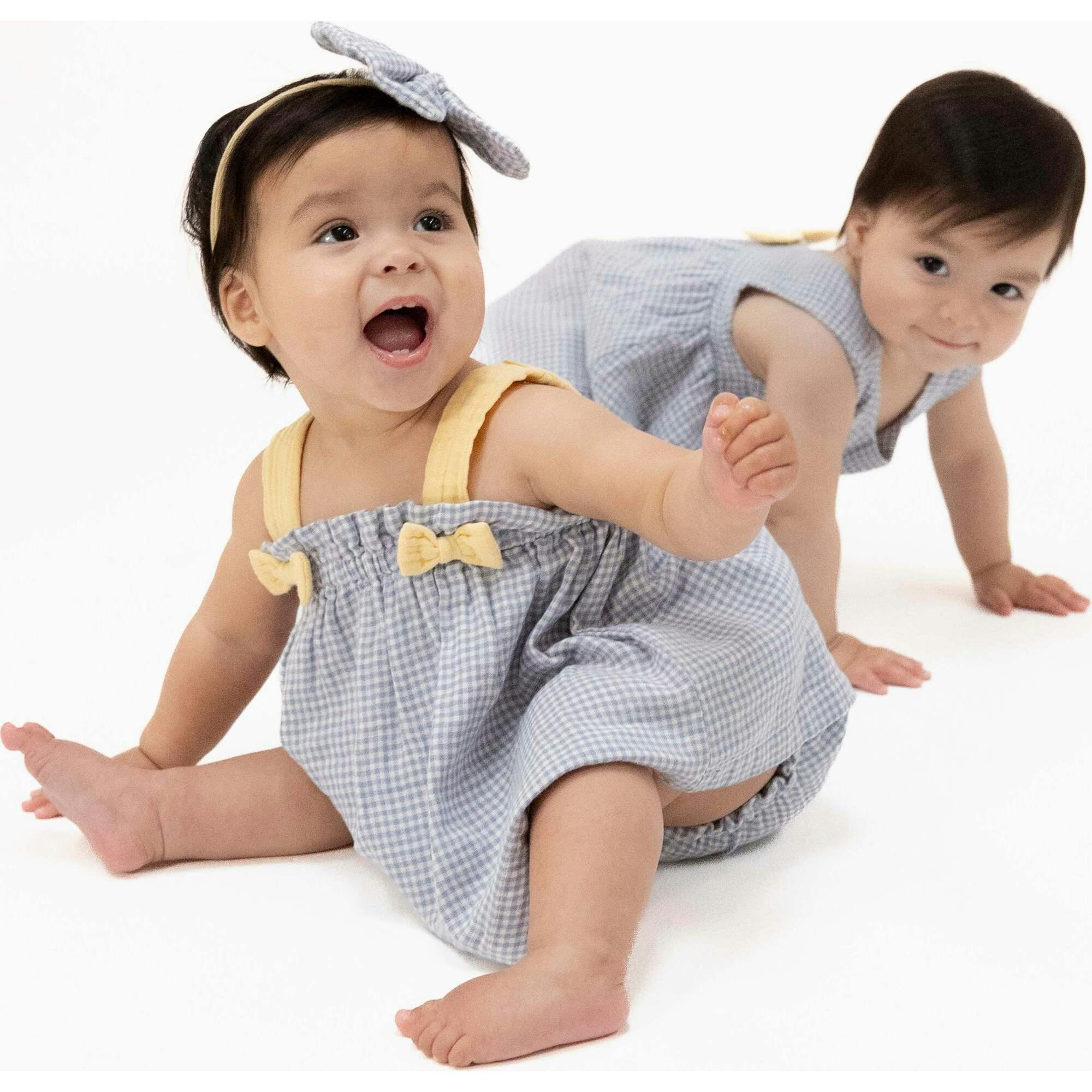 Micro Gingham Blue Blizzard - Top with Bows and Ruffle Leg Bloomer