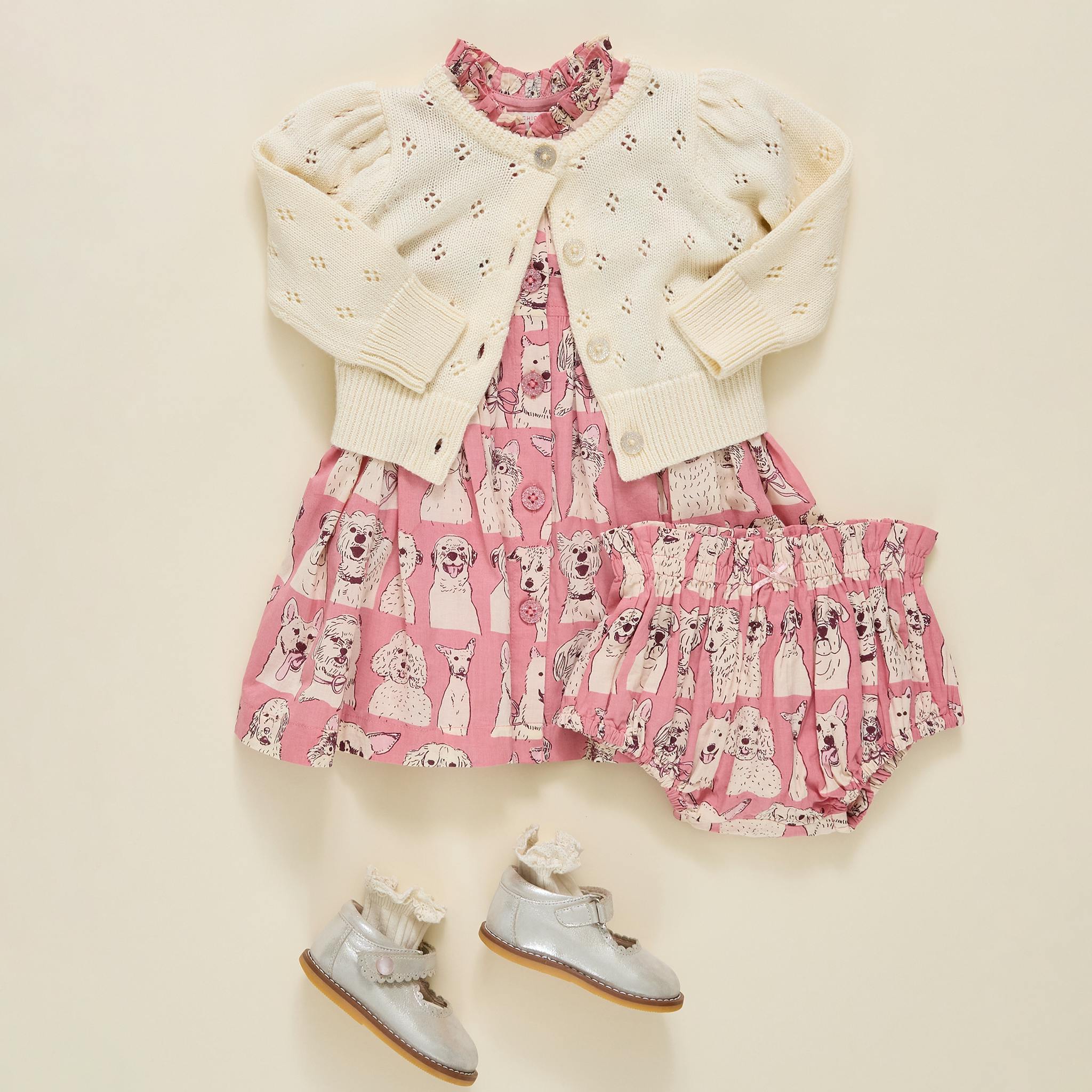 Baby Girls Autumn Dress Set - Pink Sketched Dogs