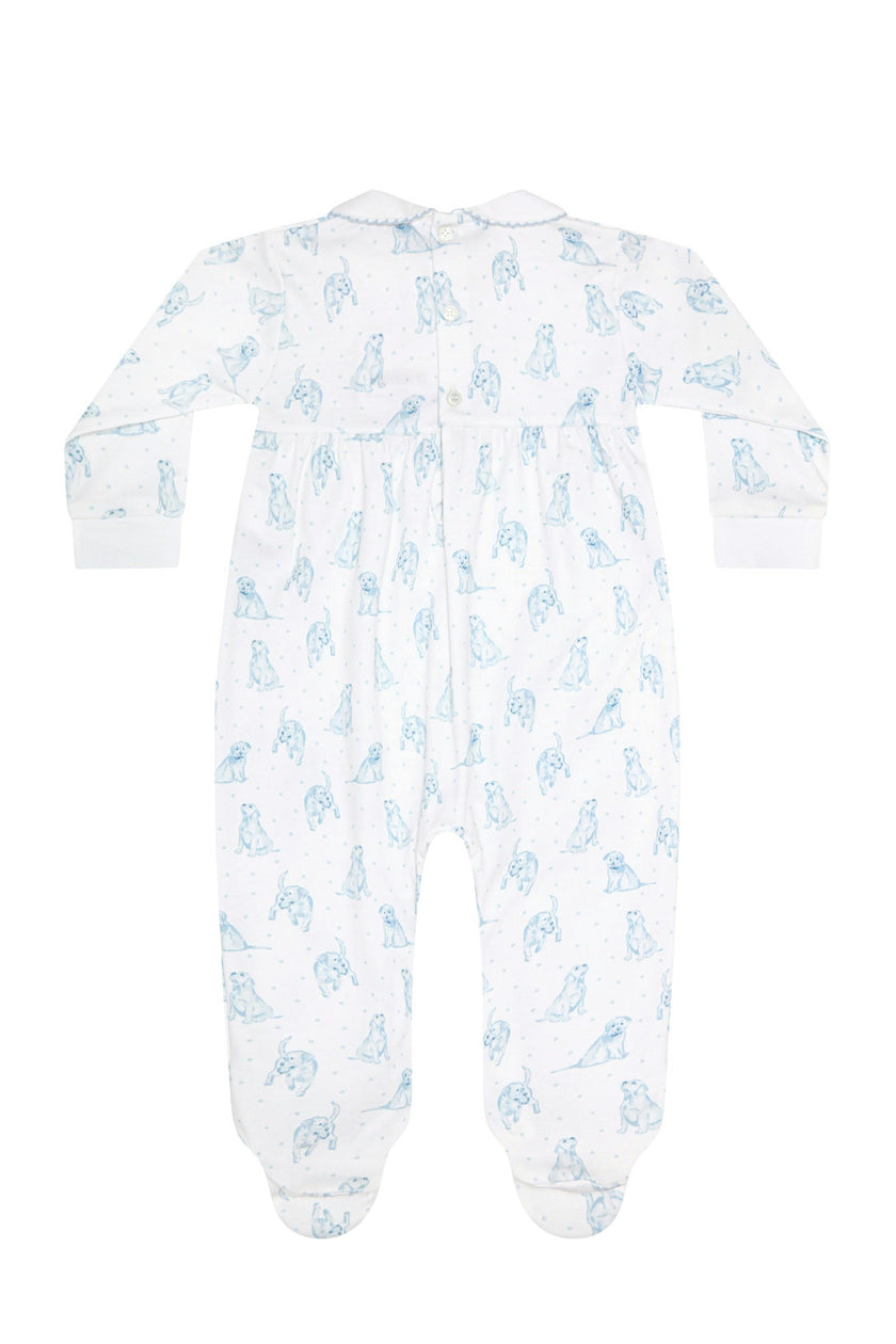 Blue Puppy Love Print Smocked Footie