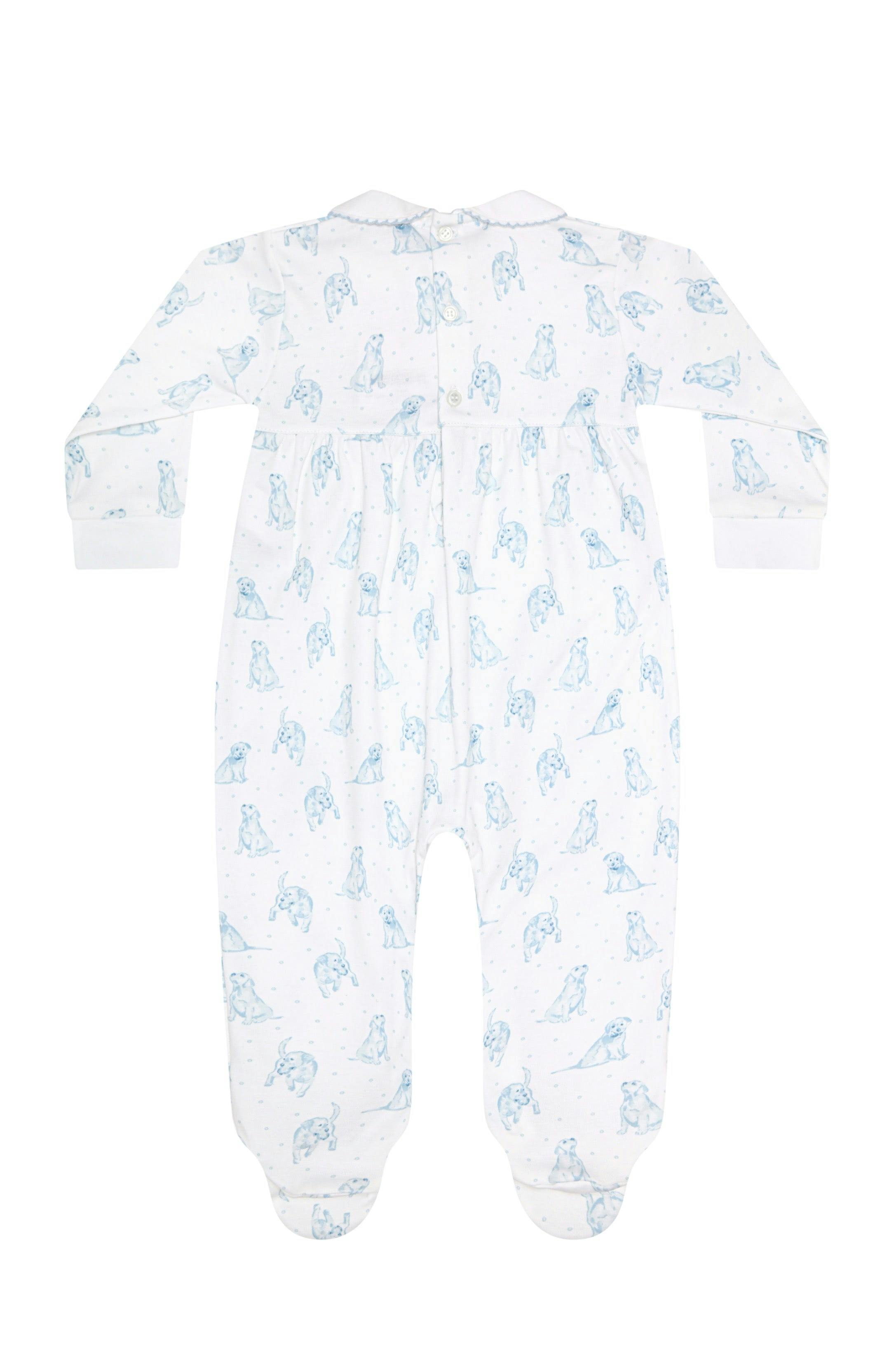 Blue Puppy Love Print Smocked Footie