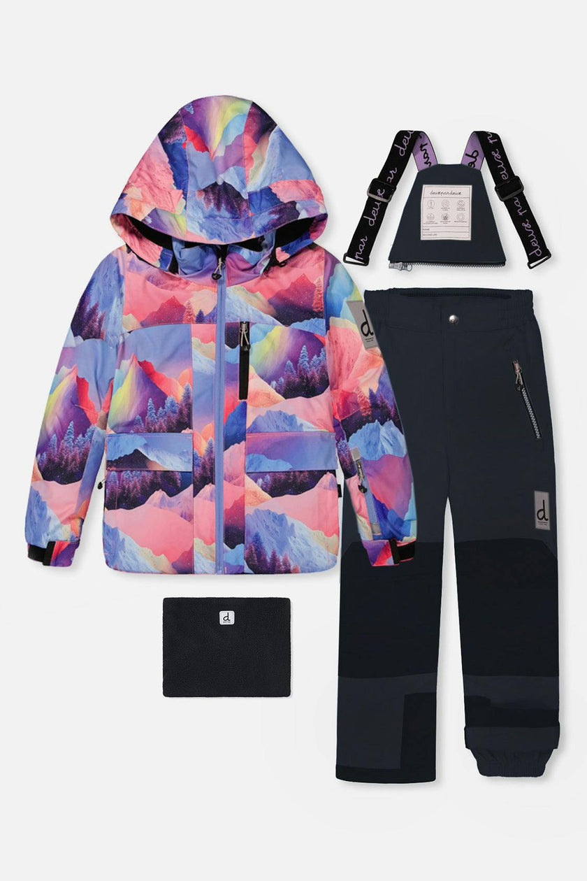 Two Piece Play Snowsuit Pink Mountain Print With Black Pants