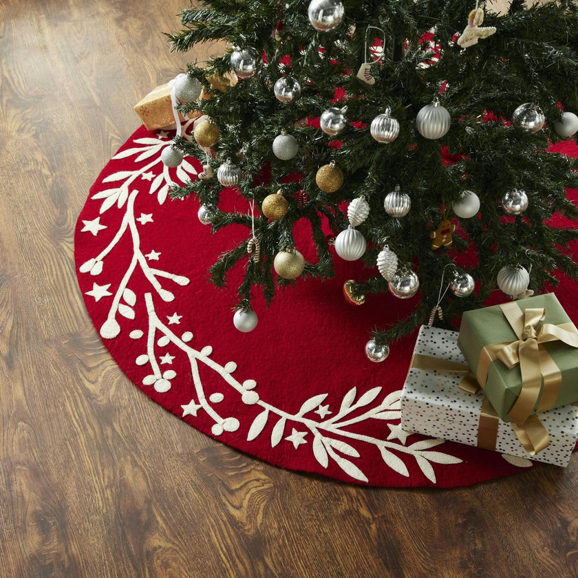 Handmade  Felt Branches and Stars Red Christmas Tree Skirt 60"