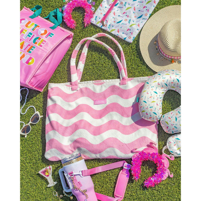 Packed Party Coastal Comfort Pink Scallops 2-in-1 Tote Towel Bag – Wave Print Beach Tote that Unfolds into a 64.5x34 Inch Towel for Beach and Pool Days