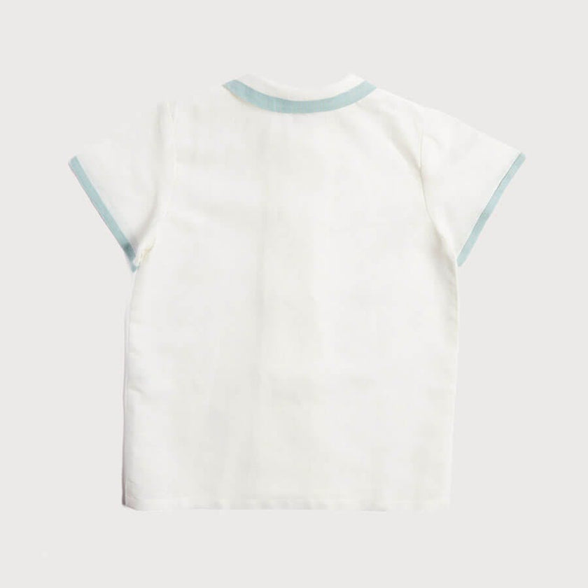 Linen Boys Celebration Shirt White with Teal Piping (3-10yrs)