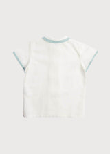 Linen Boys Celebration Shirt White with Teal Piping (3-10yrs)
