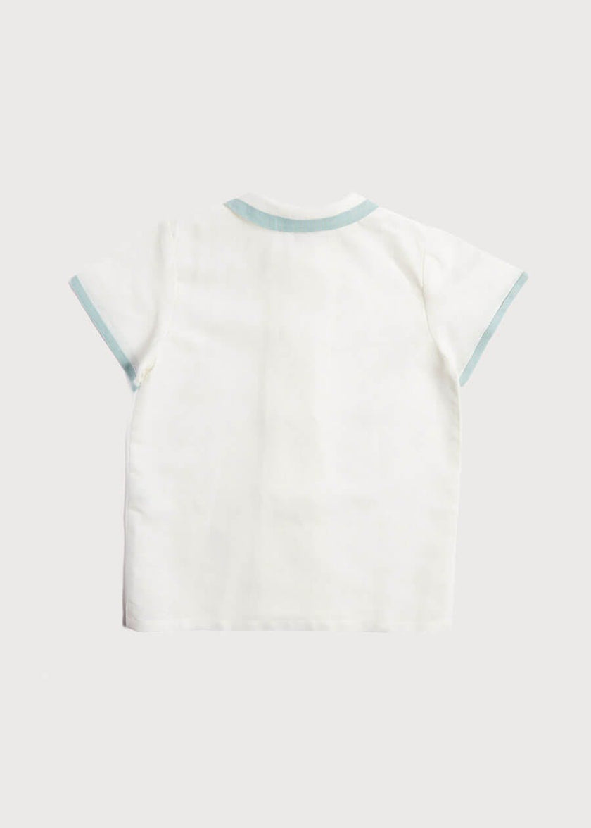 Linen Boys Celebration Shirt White with Teal Piping (3-10yrs)