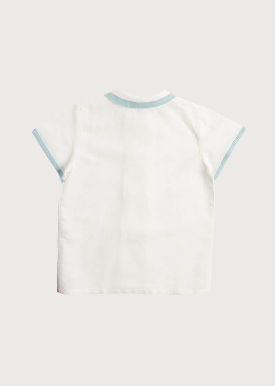 Linen Boys Celebration Shirt White with Teal Piping (3-10yrs)