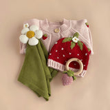 Cotton Strawberry Flower Cardigan and Hat Set - Blush