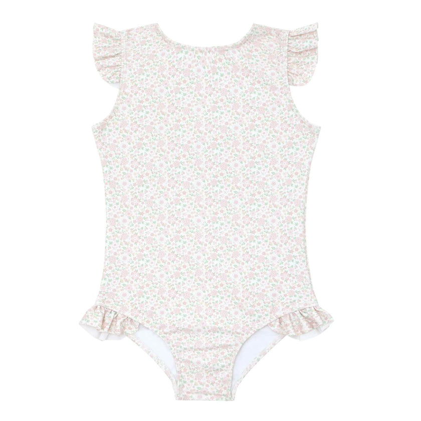 girls antique floral ruffle cap sleeve one piece