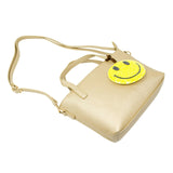 Faux Leather Tote Shoulder Strap Handbag With Sequins Happy Face Charm