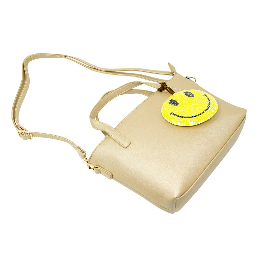 Faux Leather Tote Shoulder Strap Handbag With Sequins Happy Face Charm