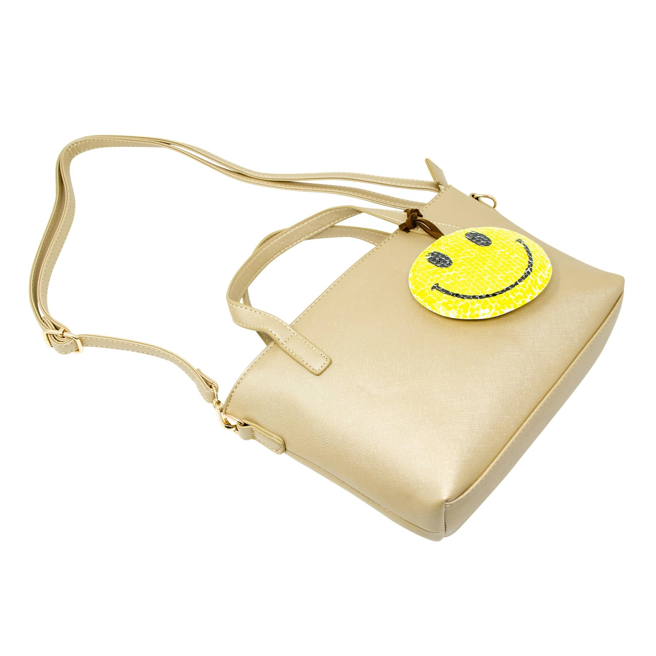 Faux Leather Tote Shoulder Strap Handbag With Sequins Happy Face Charm