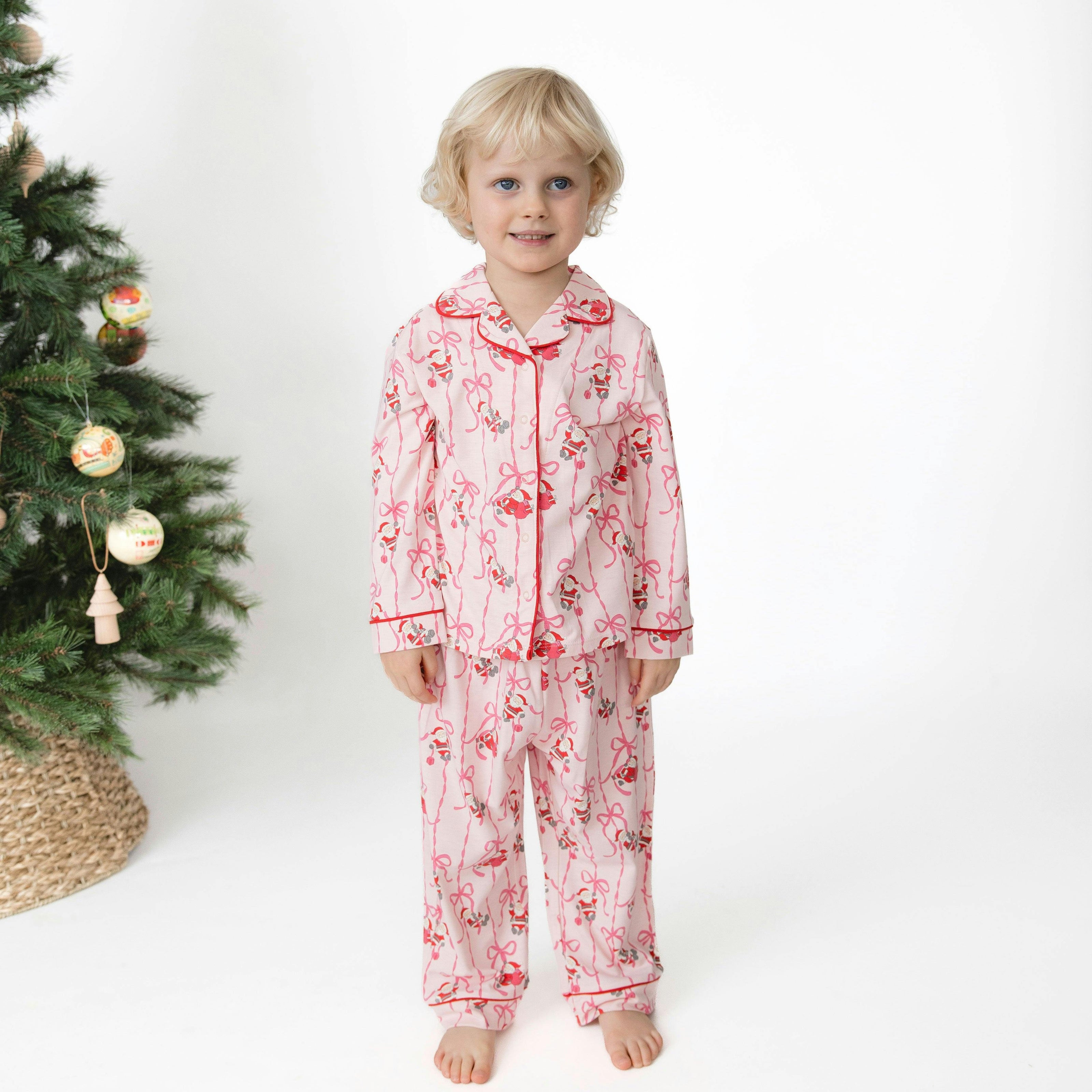 Bows & Santa - Knit Flame Resistant Kids Long Sleeve Coat Style with Pant