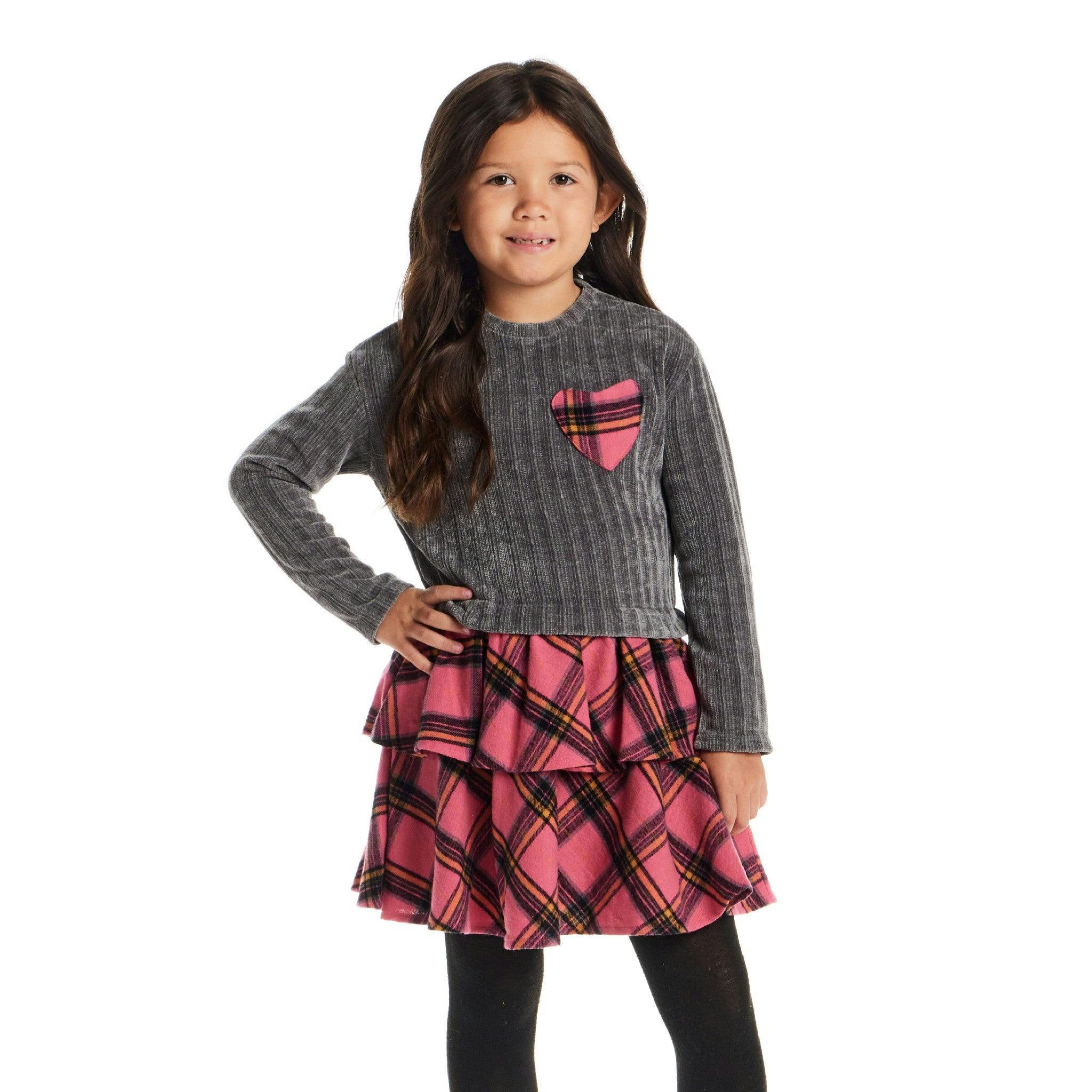 Kids Knit Top Plaid Skirt Dress