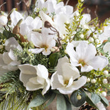 Winter White Magnolia, Pine & Snowberry Christmas Arrangement Centerpiece in Antiqued Silver Metal Urn