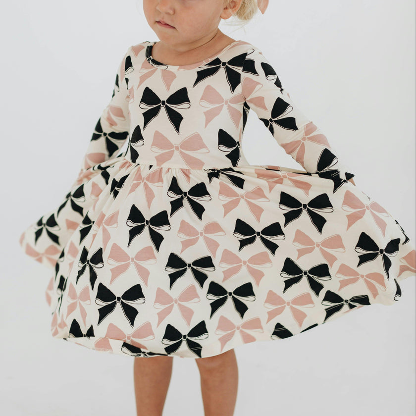 3/4 Sleeve Twirl Dress in Vintage Pink and Black Bows