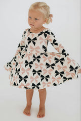 3/4 Sleeve Twirl Dress in Vintage Pink and Black Bows