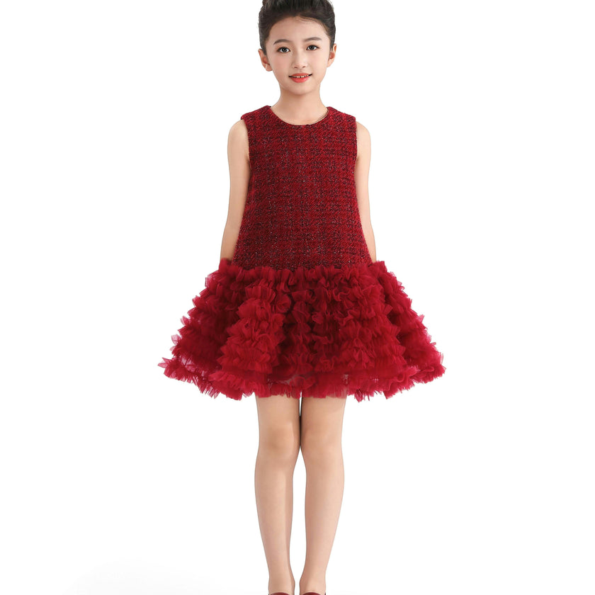 Red Tweed & Tulle Ruffle Dress