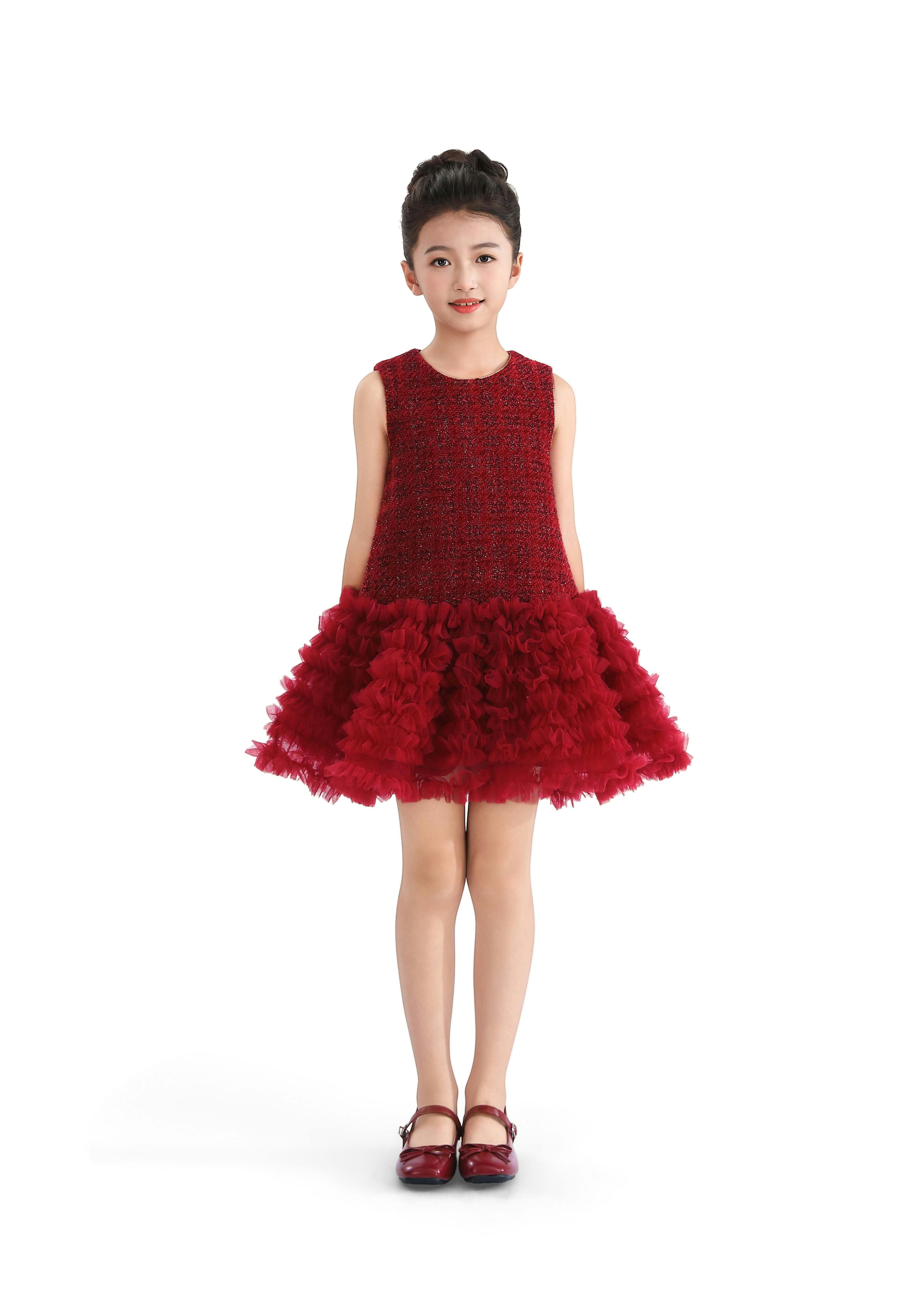 Red Tweed & Tulle Ruffle Dress