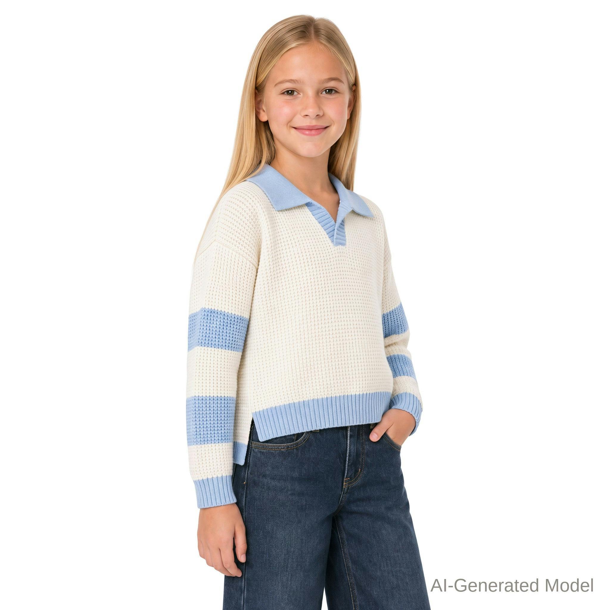 Tween Girls Slouchy Rugby Sweater | Beige & Blue