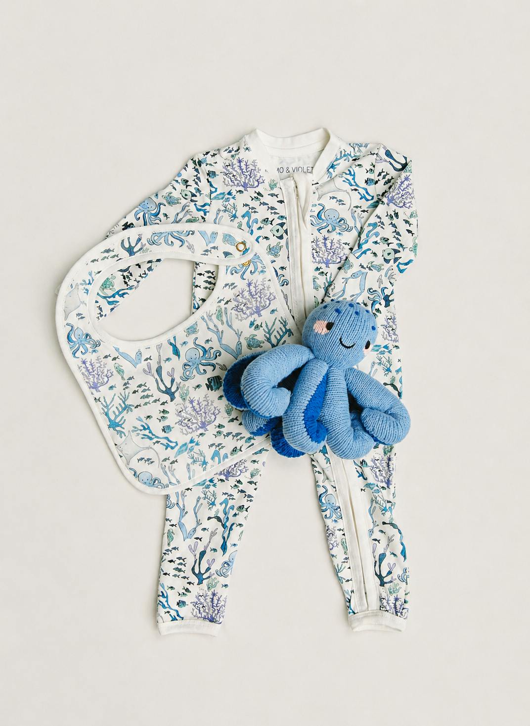 Baby One-Piece and Classic Bib - Coral Reef with Indigo the Octopus - Knit Doll