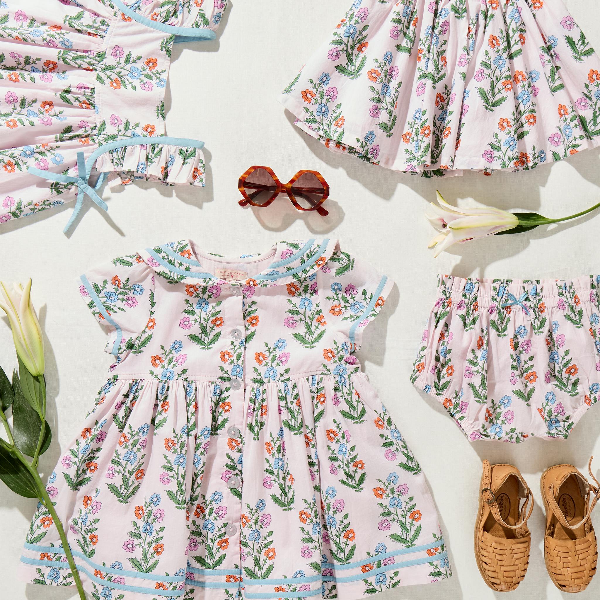 Girls Ailee Dress - Pink Dewdrop Block Print