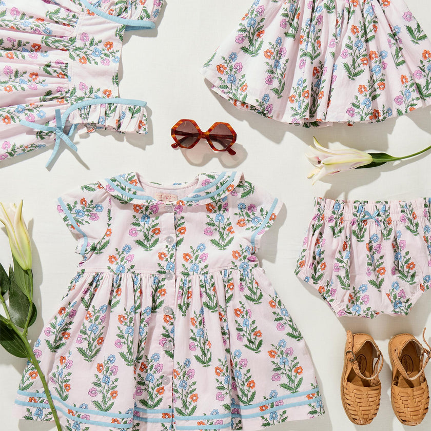 Baby Girls Ailee Dress Set - Pink Dewdrop Block Print
