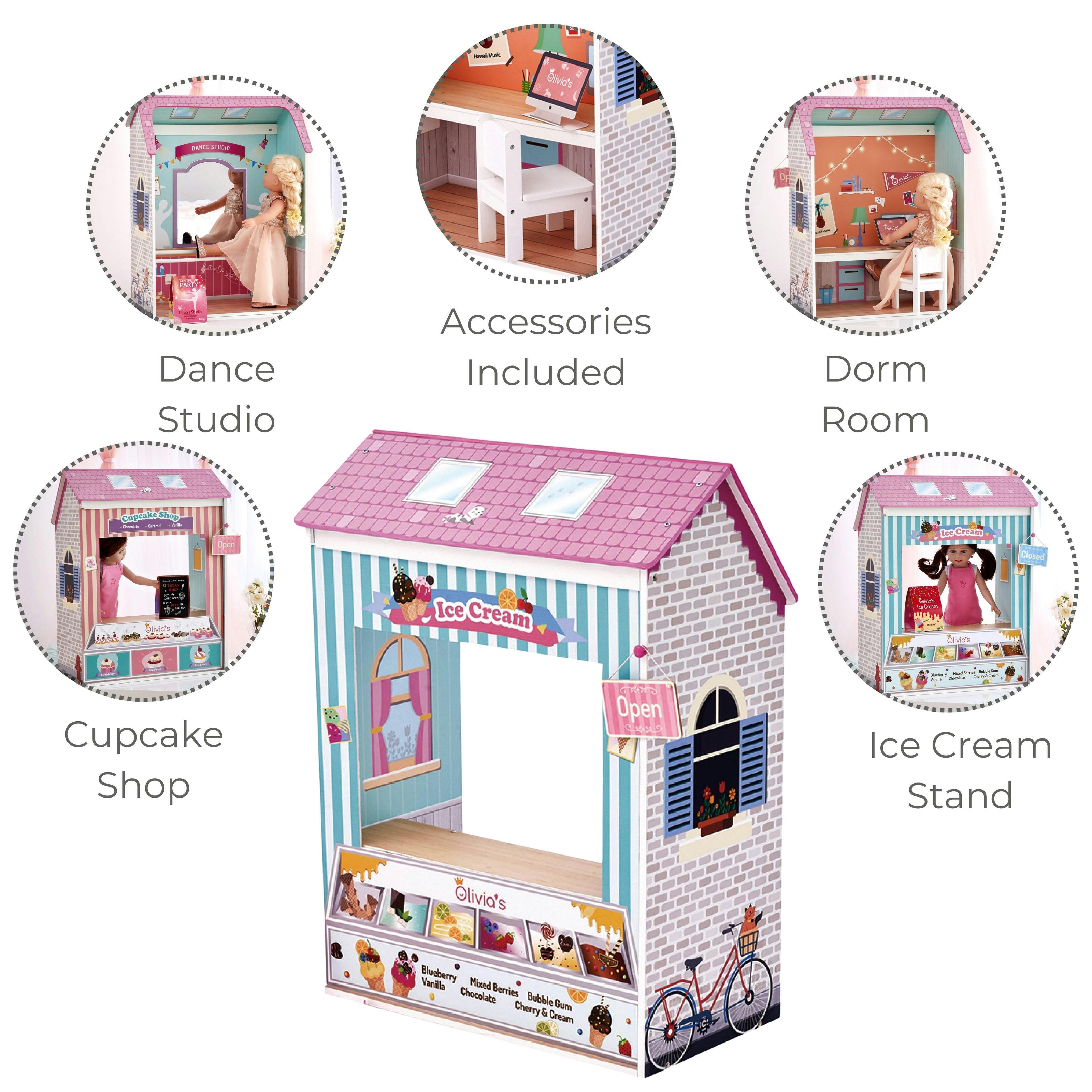Olivia’s Little World Convertible 4-in-1 Wooden Dollhouse Play Set for 18