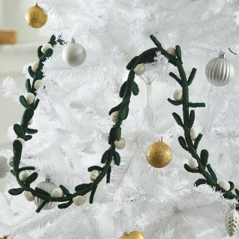Handmade Christmas Garland and Bunting - Cream Velvet Balls and Felt Mistletoe - 6'