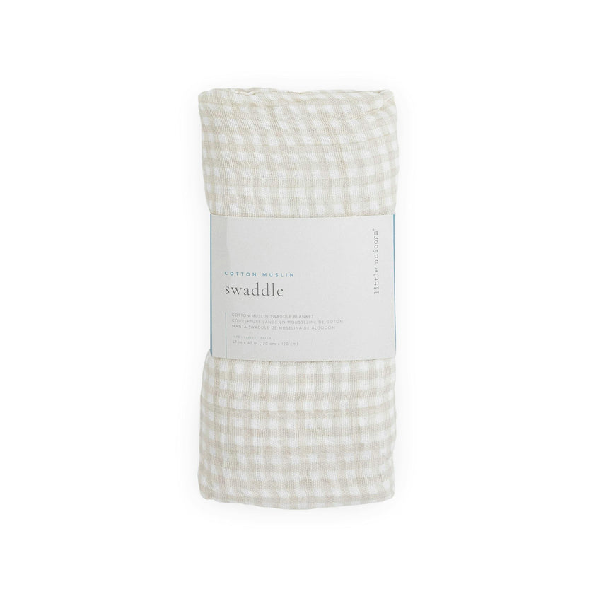 Cotton Muslin Swaddle Blanket - Tan Gingham