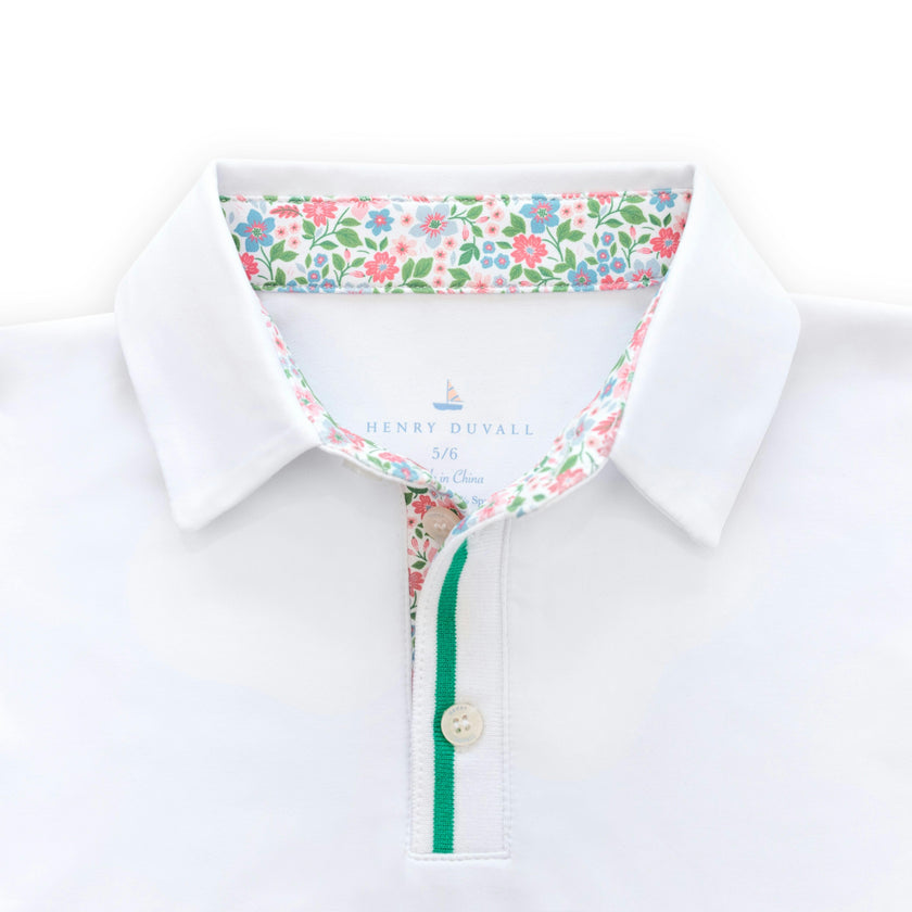 Henley Polo in Classic White with Midspring Floral Trim