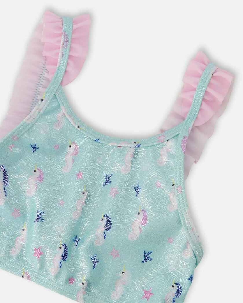Two-Piece Swimsuit Blue Seahorse Print
