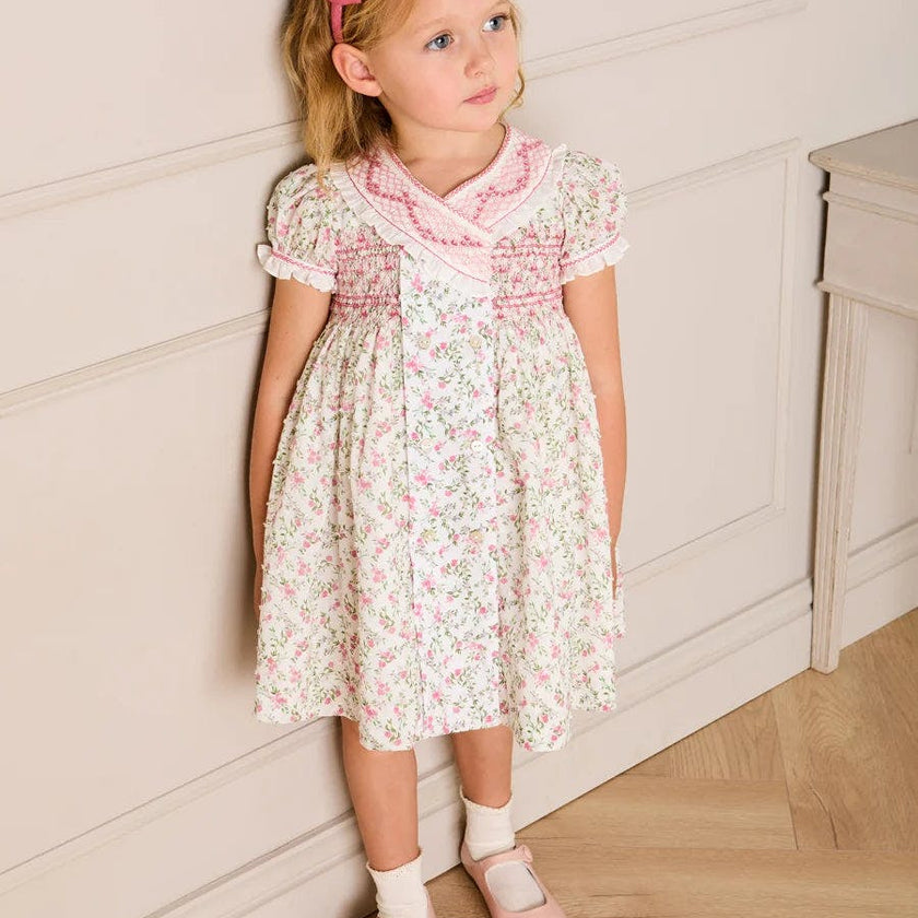 Alice Floral Double Breasted Hand Smocked Dress in Pink (12mths- 10yrs)